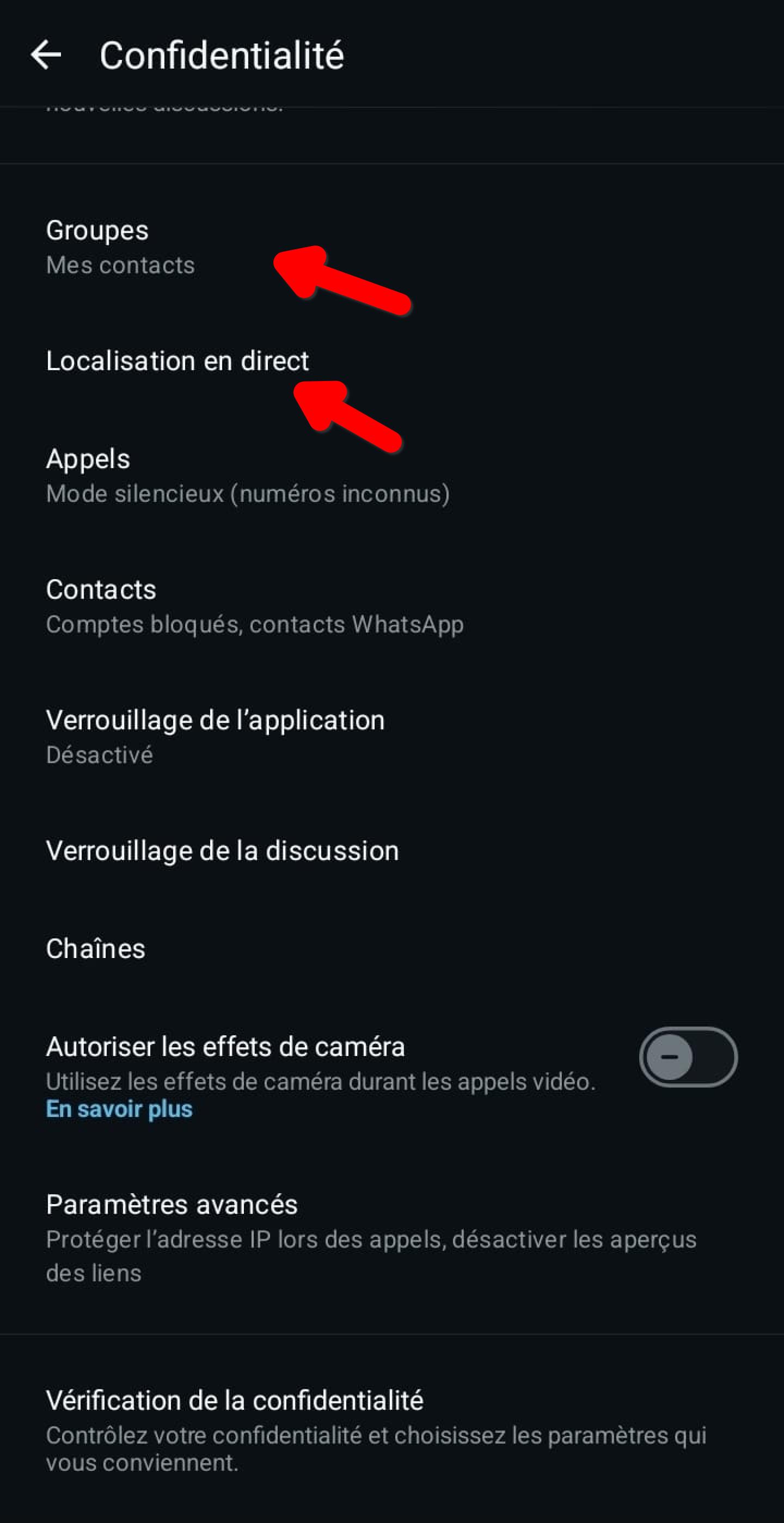 Suite de l'écran Confidentialité WhatsApp : groupes, localisation en direct, appels, contacts